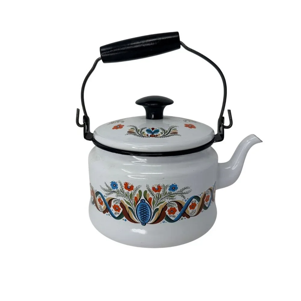 Vintage‎ 1960s Georges Briard Dutch Floral Enamelware Teapot Tea Kettle MCM